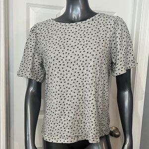 LOFT Grey with Black Flowers Ruffle Sleeved Tee